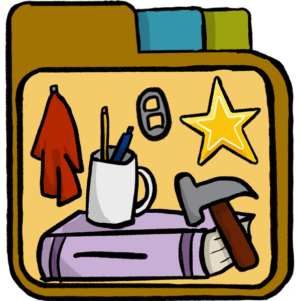 a yellow file folder with a book, a mug with a pen and a pencil inside. a rag, a hammer, a soda tab, and a star inside